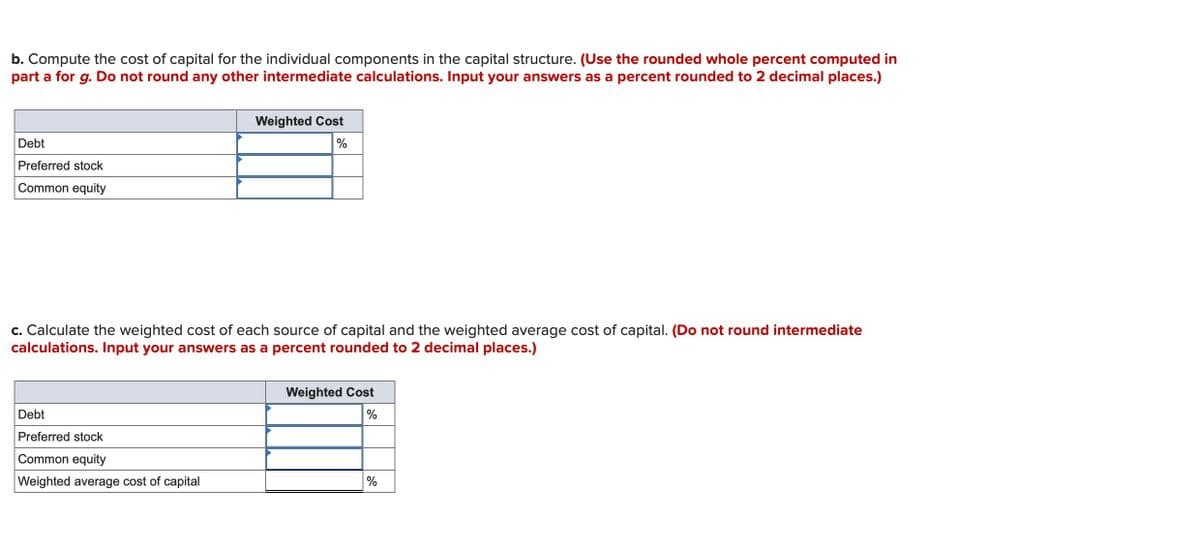 b. Compute the cost of capital for the individual components in the capital structure. (Use the rounded whole percent computed in
part a for g. Do not round any other intermediate calculations. Input your answers as a percent rounded to 2 decimal places.)
Debt
Preferred stock
Common equity
Weighted Cost
%
c. Calculate the weighted cost of each source of capital and the weighted average cost of capital. (Do not round intermediate
calculations. Input your answers as a percent rounded to 2 decimal places.)
Debt
Preferred stock
Common equity
Weighted average cost of capital
Weighted Cost
%
%