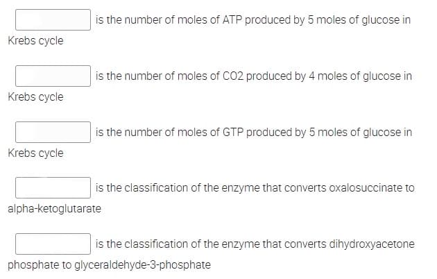is the number of moles of ATP produced by 5 moles of glucose in
Krebs cycle
is the number of moles of CO2 produced by 4 moles of glucose in
Krebs cycle
is the number of moles of GTP produced by 5 moles of glucose in
Krebs cycle
is the classification of the enzyme that converts oxalosuccinate to
alpha-ketoglutarate
is the classification of the enzyme that converts dihydroxyacetone
phosphate to glyceraldehyde-3-phosphate
