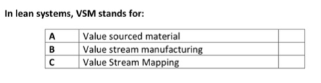In lean systems, VSM stands for:
A
B
C
Value sourced material
Value stream manufacturing
Value Stream Mapping