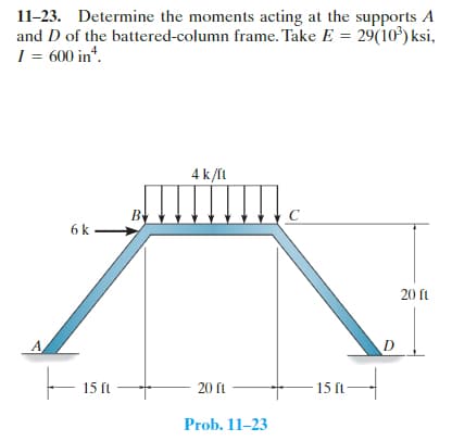 11-23. Determine the moments acting at the supports A
battered-column frame. Take E = 29(10³) ksi,
and D of the
I = 600 in ¹.
6 k
19
15 ft
B
4 k/ft
20 ft
Prob. 11-23
15 ft
D
20 ft