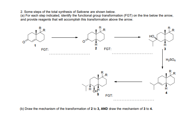 2. Some steps of the total synthesis of Sativene are shown below.
(a) For each step indicated, identify the functional group transformation (FGT) on the line below the arrow,
and provide reagents that will accomplish this transformation above the arrow.
R
но,
FGT:
2
FGT:
H2SO4
R
FGT:
(b) Draw the mechanism of the transformation of 2 to 3, AND draw the mechanism of 3 to 4.

