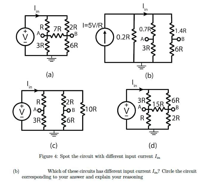 (b)
V
+
in
in
R7R 2R 1=5V/R
fwmfoB
6R
3R
3R
(a)
>2R
6R
$10R
D
0.2R
+
'in
0.7R
AO
3R
(b)
3R
А
Aofi
R
15R
Lum
(c)
(d)
Figure 4: Spot the circuit with different input current lin
69
1.4R
-OB
6R
6R
B
2R
Which of these circuits has different input current In? Circle the circuit
corresponding to your answer and explain your reasoning