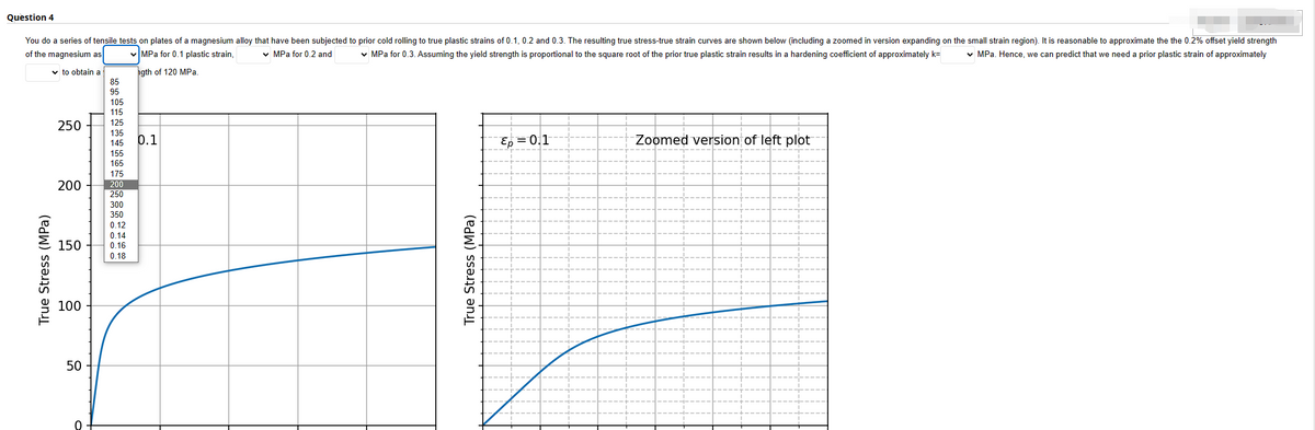 Question 4
You do a series of tensile tests on plates of a magnesium alloy that have been subjected to prior cold rolling to true plastic strains of 0.1, 0.2 and 0.3. The resulting true stress-true strain curves are shown below (including a zoomed in version expanding on the small strain region). It is reasonable to approximate the the 0.2% offset yield strength
of the magnesium as ✓ MPa for 0.1 plastic strain, ✓ MPa for 0.2 and
✓ MPa for 0.3. Assuming the yield strength is proportional to the square root of the prior true plastic strain results in a hardening coefficient of approximately k=
✓ MPa. Hence, we can predict that we need a prior plastic strain of approximately
✓to obtain a
hgth of 120 MPa
True Stress (MPa)
250
200
100
85
95
50
105
115
125
135
145
300
350
0.12
0.14
150 0.16
0.18
155
165
175
200
250
0.1
True Stress (MPa)
Ep = 0.1
Zoomed version of left plot