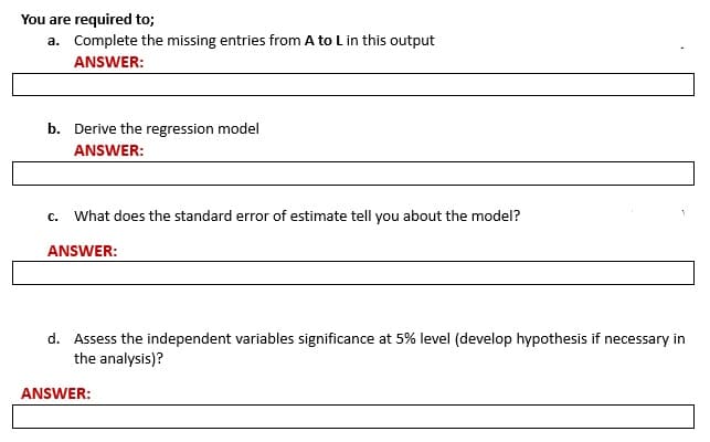 You are required to;
a. Complete the missing entries from A to L in this output
ANSWER:
b. Derive the regression model
ANSWER:
c. What does the standard error of estimate tell you about the model?
ANSWER:
d. Assess the independent variables significance at 5% level (develop hypothesis if necessary in
the analysis)?
ANSWER:
