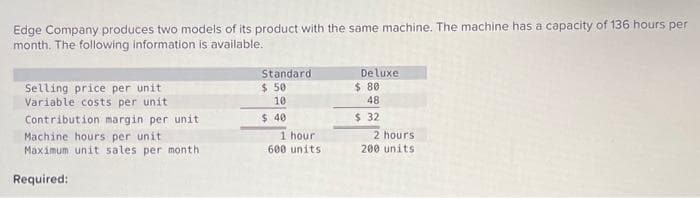 Edge Company produces two models of its product with the same machine. The machine has a capacity of 136 hours per
month. The following information is available.
Selling price per unit
Variable costs per unit
Contribution margin per unit.
Machine hours per unit
Maximum unit sales per month
Required:
Standard
$ 50
10
$ 40
1 hour
600 units
Deluxe
$80
48
$32
2 hours
200 units