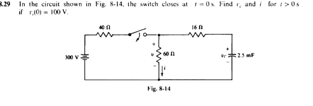 3.29
In the circuit shown in Fig. 8-14, the switch closes at 1 = 0 s. Find r, and i for > Os
if (0) 100 V.
40
16 Ո
Jat
300 V
VC 2.5 mF
60
Fig. 8-14