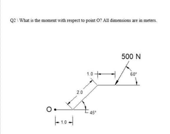 Q2 \ What is the moment with respect to point O? All dimensions are in meters.
500 N
1.0+
60°
2.0
45°
-10-
