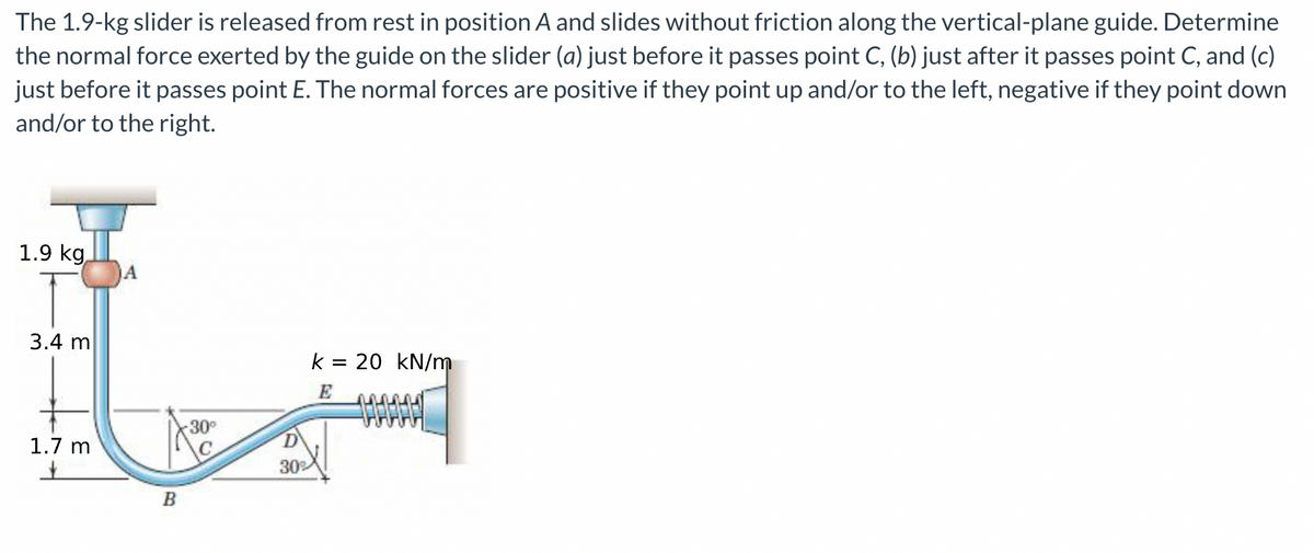 The 1.9-kg slider is released from rest in position A and slides without friction along the vertical-plane guide. Determine
the normal force exerted by the guide on the slider (a) just before it passes point C, (b) just after it passes point C, and (c)
just before it passes point E. The normal forces are positive if they point up and/or to the left, negative if they point down
and/or to the right.
1.9 kg
A
k= 20 kN/m
E woond
3.4 m
1.7 m
*
B
-30°
C
30