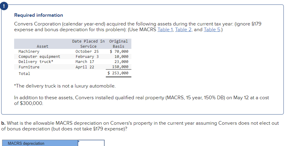 Required information
Convers Corporation (calendar year-end) acquired the following assets during the current tax year: (ignore §179
expense and bonus depreciation for this problem): (Use MACRS Table 1, Table 2, and Table 5.)
Asset
Machinery
Computer equipment
Delivery truck*
Furniture
Total
Date Placed in Original
Service
Basis
$ 70,000
10,000
23,000
150,000
$ 253,000
October 25
February 3
MACRS depreciation
March 17
April 22
*The delivery truck is not a luxury automobile.
In addition to these assets, Convers installed qualified real property (MACRS, 15 year, 150% DB) on May 12 at a cost
of $300,000.
b. What is the allowable MACRS depreciation on Convers's property in the current year assuming Convers does not elect out
of bonus depreciation (but does not take §179 expense)?