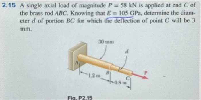 2.15 A single axial load of magnitude P = 58 kN is applied at end C of
the brass rod ABC. Knowing that E= 105 GPa, determine the diam-
eter d of portion BC for which the deflection of point C will be 3
mm.
30 mm
1.2 m
Fig. P2.15
B
-0.8 m