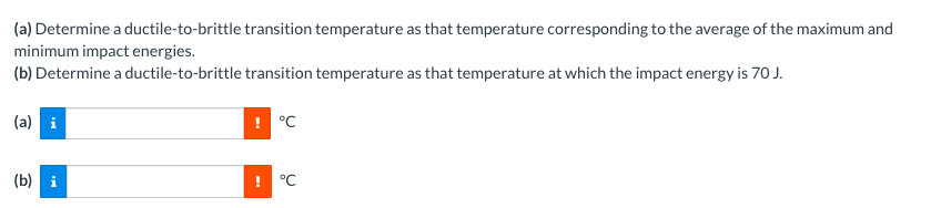 (a) Determine a ductile-to-brittle transition temperature as that temperature corresponding to the average of the maximum and
minimum impact energies.
(b) Determine a ductile-to-brittle transition temperature as that temperature at which the impact energy is 70 J.
(a) i
(b)
! °C
! °C