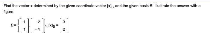 Find the vector x determined by the given coordinate vector [x] and the given basis B. Illustrate the answer with a
figure.
2
-CH-)--[]
[X]B =
-1
B=
1
1
3
2