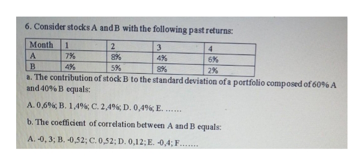 6. Consider stocks A and B with the following past returns:
Month
1
4
A
7%
8%
4%
6%
4%
5%
8%
2%
a. The contribution of stock B to the standard deviation of a portfolio composed of 60% A
and 40% B equals:
A. 0,6%; B. 1,4%; C. 2,4%; D. 0,4%; E. ......
b. The coefficient of correlation between A and B equals:
A. -0, 3; B. -0,52; C. 0,52; D. 0,12; E. -0,4; F......
