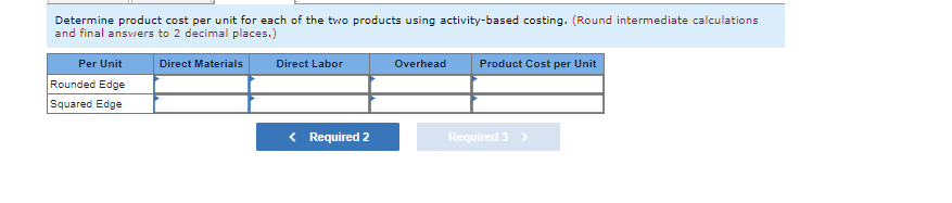 Determine product cost per unit for each of the two products using activity-based costing. (Round intermediate calculations
and final answers to 2 decimal places.)
Per Unit
Rounded Edge
Squared Edge
Direct Materials
Direct Labor
< Required 2
Overhead
Product Cost per Unit
Required 3 >