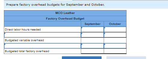 Prepare factory overhead budgets for September and October.
Direct labor hours needed
Budgeted variable overhead
MCO Leather
Factory Overhead Budget
Budgeted total factory overhead
September October