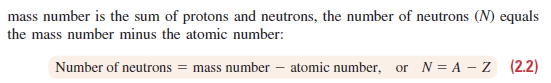 mass number is the sum of protons and neutrons, the number of neutrons (N) equals
the mass number minus the atomic number:
Number of neutrons = mass number - atomic number, or N= A – Z (2.2)
