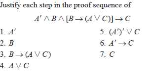 Justify each step in the proof sequence of
A' ABA[B→(A V C)]→C
5. (A')' V C
1. A'
2. B
6. A' →C
3. B→ (A V C)
7. C
4. A VC

