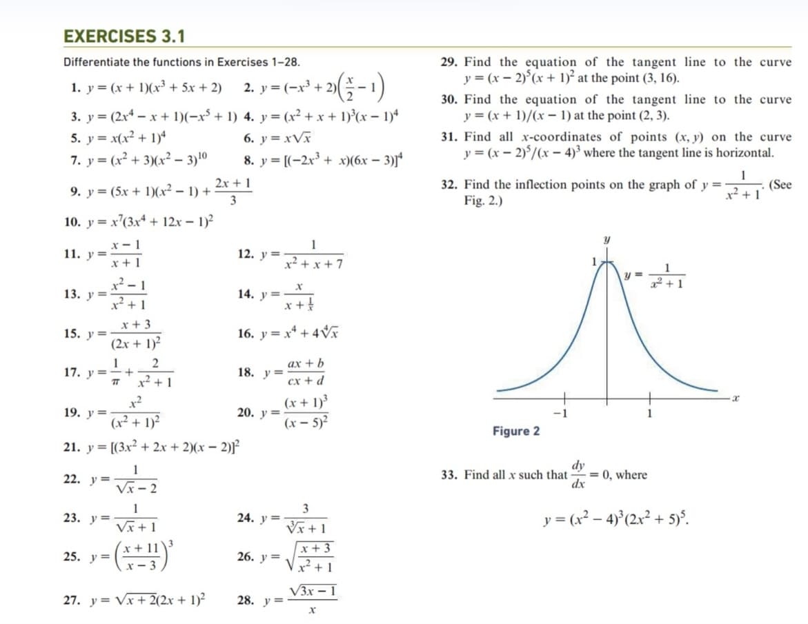 EXERCISES 3.1
Differentiate the functions in Exercises 1-28.
1. y= (x+1)(x3 +5x+2) 2. y = (-x³ +
3. y = (2x4x + 1)(-x³ + 1) 4. y = (x² + x + 1)³(x - 1)4
5. y = x(x² + 1)4
6. y=x√x
7. y = (x²+3)(x²-3) 10
8. y=[(-2x³ + x)(6x -
9. y= (5x+1)(x2 − 1) +
10. y = x²(3x4 + 12x - 1)²
x-1
11. y=
x+1
13. y =
15. y=
17. y =
19. y =
22. y=
23. y=
x² - 1
x² +1
x+3
(2x + 1)²
25. y =
1
TT
+
2
x² + 1
y=(x+11)'
x²
(x² + 1)²
21. y = [(3x² + 2x + 2)(x-2)]²
1
√x-2
1
Vx+1
2x + 1
3
27. y = √x + 2(2x + 1)²
12. y =
14. y =
X
x +
16. y=x² + 4x
18. y=
20. y =
24. y =
26. y =
+ 2)( ½ − 1)
28. y=
1
x²+x+7
ax + b
cx + d
(x + 1)³
(x - 5)²
3
√√x+1
x+3
x² + 1
√3x - 1
x
-3)]4
29. Find the equation of the tangent line to the curve
y = (x-2)(x + 1)² at the point (3, 16).
30. Find the equation of the tangent line to the curve
y = (x + 1)/(x - 1) at the point (2, 3).
31. Find all x-coordinates of points (x, y) on the curve
y = (x-2)/(x-4)³ where the tangent line is horizontal.
32. Find the inflection points on the graph of y=-
Fig. 2.)
Figure 2
33. Find all x such that
dy
dx
1
Y
y =
= 0, where
1
x² + 1
1
2
x² + 1
y = (x²-4)³(2x² + 5) ³.
. (See