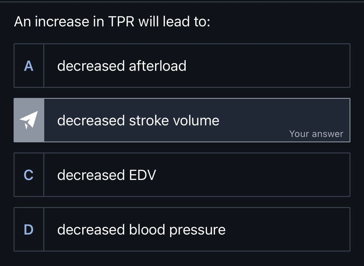 An increase in TPR will lead to:
A decreased afterload
decreased stroke volume
Your answer
C decreased EDV
D
decreased blood pressure
