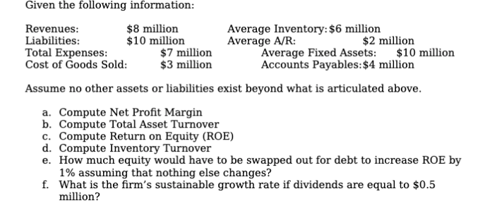 Given the following information:
$8 million
$10 million
$7 million
$3 million
Average Inventory: $6 million
Average A/R:
Average Fixed Assets:
Accounts Payables:$4 million
Revenues:
$2 million
Liabilities:
Total Expenses:
Cost of Goods Sold:
$10 million
Assume no other assets or liabilities exist beyond what is articulated above.
a. Compute Net Profit Margin
b. Compute Total Asset Turnover
c. Compute Return on Equity (ROE)
d. Compute Inventory Turnover
e. How much equity would have to be swapped out for debt to increase ROE by
1% assuming that nothing else changes?
f. What is the firm's sustainable growth rate if dividends are equal to $0.5
million?
