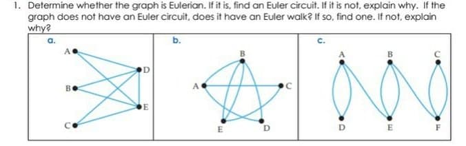 1. Determine whether the graph is Eulerian. If it is, find an Euler circuit. If it is not, explain why. If the
graph does not have an Euler circuit, does it have an Euler walk? If so, find one. If not, explain
why?
b.
E
E
