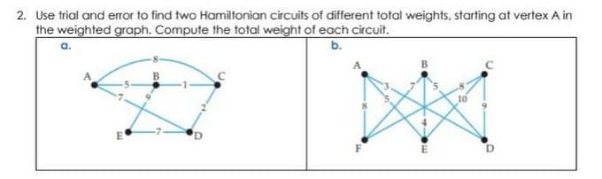 2. Use trial and error to find two Hamiltonian circuits of different total weights, starting at vertex A in
the weighted graph. Compute the total weight of each circuit.
E
'D
