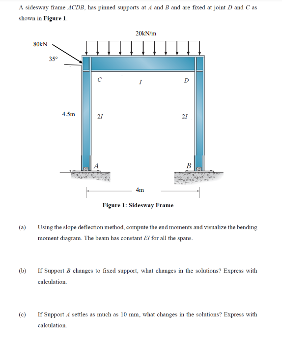 A sidesway frame ACDB, has pinned supports at 4 and B and are fixed at joint D and C as
shown in Figure 1.
20kN/m
80KN
35°
D
4.5m
21
21
В
4m
Figure 1: Sidesway Frame
(a)
Using the slope deflection method, compute the end moments and visualize the bending
moment diagram. The beam has constant E/I for all the spans.
(b)
If Support B changes to fixed support, what changes in the solutions? Express with
calculation.
(c)
If Support A settles as much as 10 mm, what changes in the solutions? Express with
calculation.
