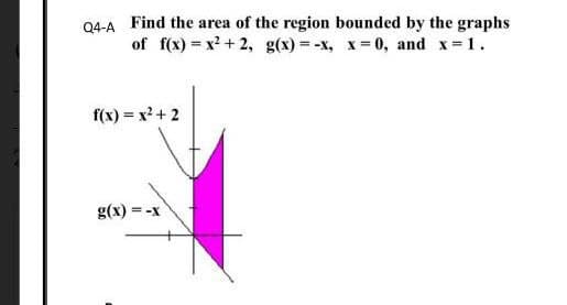 Q4-A Find the area of the region bounded by the graphs
of f(x) = x? + 2, g(x) = -x, x= 0, and x 1.
f(x) = x² + 2
g(x) = -x
