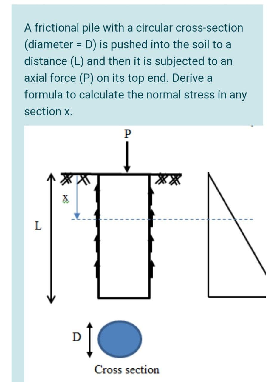A frictional pile with a circular cross-section
(diameter = D) is pushed into the soil to a
distance (L) and then it is subjected to an
axial force (P) on its top end. Derive a
formula to calculate the normal stress in any
section x.
P
L
Cross section
