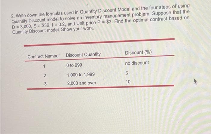 2. Write down the formulas used in Quantity Discount Model and the four steps of using
Quantity Discount model to solve an inventory management problem. Suppose that the
D = 3,000, S = $36, I = 0.2, and Unit price P = $3. Find the optimal contract based on
Quantity Discount model. Show your work.
%3!
Contract Number Discount Quantity
Discount (%)
O to 999
no discount
2
1,000 to 1,999
3
2,000 and over
10
