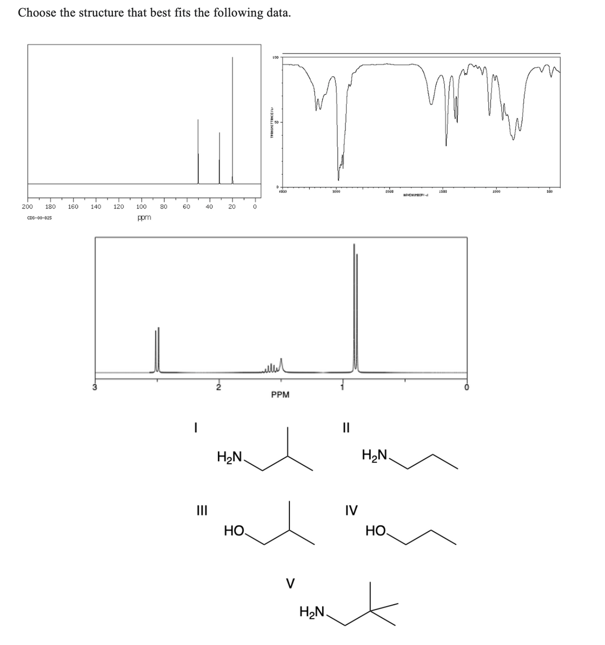 Choose the structure that best fits the following data.
T
200 180 160 140 120 100
ppm
CDS-00-825
3
80
60
I
40
2
20
H₂N.
HO
0
LOD
PPM
V
H₂N.
IV
2000
H₂N.
HO.
NAVENUMBERI-
x
1500
0
1000
500