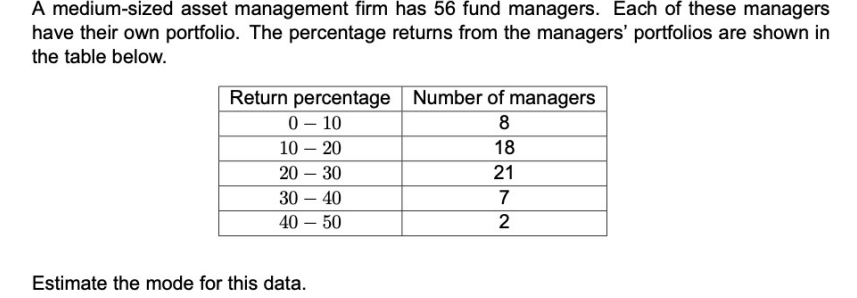 A medium-sized asset management firm has 56 fund managers. Each of these managers
have their own portfolio. The percentage returns from the managers' portfolios are shown in
the table below.
Return percentage Number of managers
0 – 10
8
10 – 20
18
20 – 30
21
30 – 40
7
40 – 50
2
Estimate the mode for this data.
