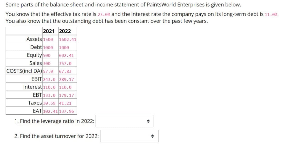 Some parts of the balance sheet and income statement of PaintsWorld Enterprises is given below.
You know that the effective tax rate is 23.0% and the interest rate the company pays on its long-term debt is 11.0%.
You also know that the outstanding debt has been constant over the past few years.
2021 2022
Assets 1500
Debt 1000
Equity 500
Sales 300
COSTS(incl DA) 57.0
◆
1602.41
1000
602.41
357.0
67.83
EBIT 243.0 289.17
Interest 110.0 110.0
EBT 133.0 179.17
Taxes 30.59 41.21
EAT 102.41 137.96
1. Find the leverage ratio in 2022:
2. Find the asset turnover for 2022: