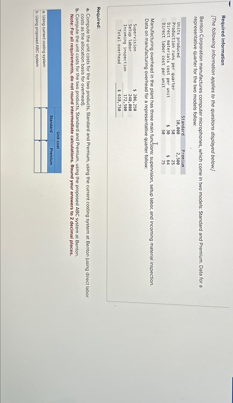 Required information
[The following information applies to the questions displayed below.]
Benton Corporation manufactures computer microphones, which come in two models: Standard and Premium. Data for a
representative quarter for the two models follow:
Units produced
Standard
10,000
Premium
2,500
Production runs per quarter
50
25
Direct materials cost per unit
$ 30
$ 64
Direct labor cost per unit
50
75
Manufacturing overhead in the plant has three main functions: supervision, setup labor, and incoming material inspection.
Data on manufacturing overhead for a representative quarter follow:
Supervision
Setup labor
Incoming inspection
Total overhead
$ 206,250
240,000
172,500
$ 618,750
Required:
a. Compute the unit costs for the two products, Standard and Premium, using the current costing system at Benton (using direct labor
costs as the allocation basis for overhead).
b. Compute the unit costs for the two products, Standard and Premium, using the proposed ABC system at Benton.
Note: For all requirements, do not round intermediate calculations. Round your answers to 2 decimal places.
a. Using current costing system
b. Using proposed ABC system
Unit cost
Standard
Premium