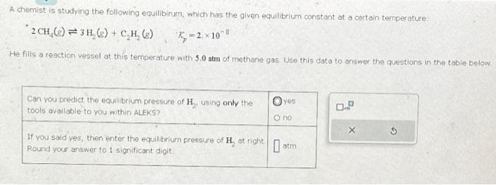 A chemist is studying the following equilibirum, which has the given equilibrium constant at a certain temperature:
2 CH (2) 3H₂(g) + C₂H₂(g)
X=2×108
He fills a reaction vessel at this temperature with 5.0 atm of methane gas. Use this data to answer the questions in the table below.
Can you predict the equilibrium pressure of H₂, using only the
tools available to you within ALEKS?
If you said yes, then enter the equilibrium pressure of H₂ at right.
Round your answer to 1 significant digit
yes
O no
atm