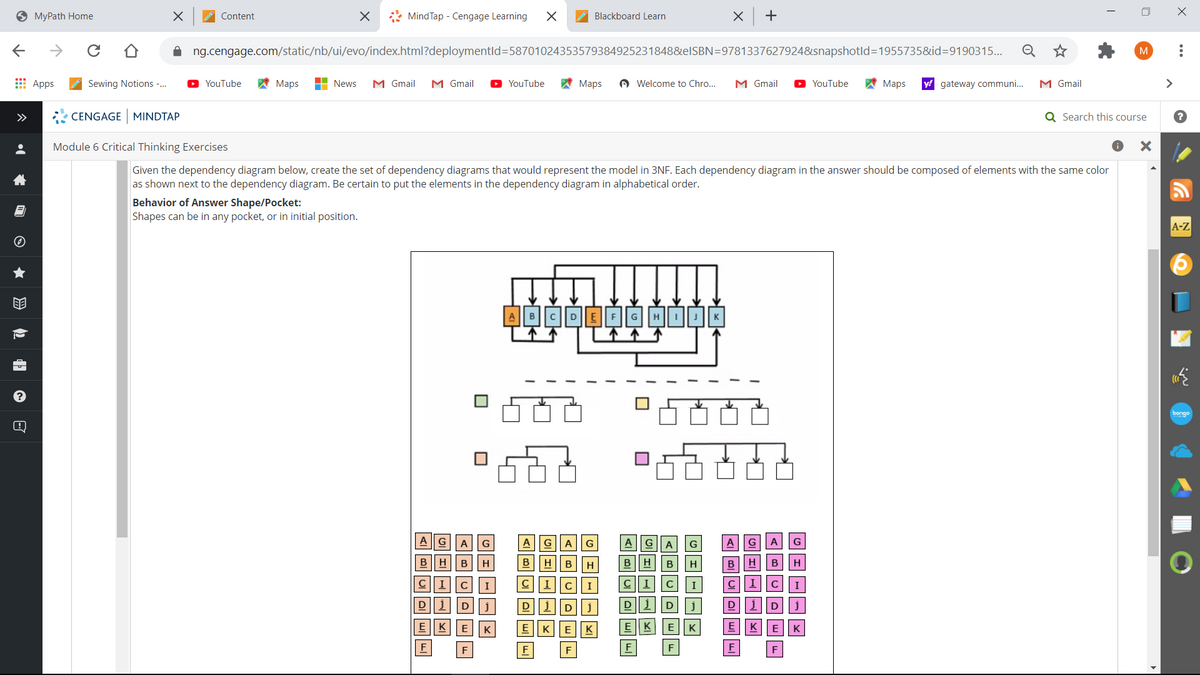 9 MyPath Home
A Content
* MindTap - Cengage Learning
Blackboard Learn
ng.cengage.com/static/nb/ui/evo/index.html?deploymentld=58701024353579384925231848&elSBN=97813376279248snapshotld=1955735&id=9190315..
E Apps
Sewing Notions -.
A Maps
H News
M Gmail
M Gmail
A Maps
A Welcome to Chro...
M Gmail
O YouTube
A Maps
y! gateway communi..
M Gmail
>
YouTube
YouTube
>>
CENGAGE MINDTAP
Q Search this course
Module 6 Critical Thinking Exercises
Given the dependency diagram below, create the set of dependency diagrams that would represent the model in 3NF. Each dependency diagram in the answer should be composed of elements with the same color
as shown next to the dependency diagram. Be certain to put the elements in the dependency diagram in alphabetical order.
Behavior of Answer Shape/Pocket:
Shapes can be in any pocket, or in initial position.
A-Z
K
bongo
A
GAG
A|GA|G
AGA
AGA
G
G
H
BH
BH
BHBH
B
H
H
B
H
CIC
CICI
CI
CICI
I
C
I
DiDj
DiD
D1|D
j
D iD j
EKEK
E| KEK
EKEK
E KE K
F
F
F
F
F
F
F

