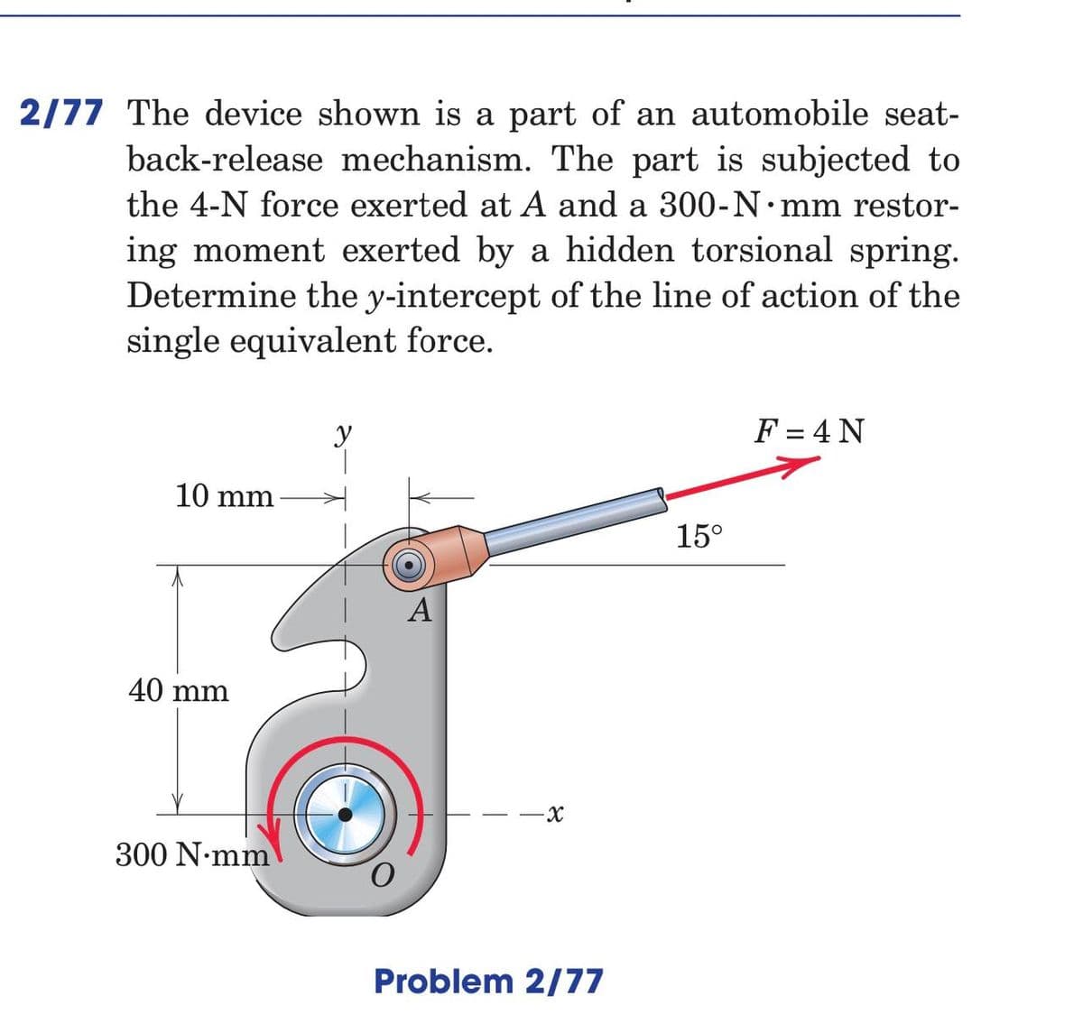 2/77 The device shown is a part of an automobile seat-
back-release mechanism. The part is subjected to
the 4-N force exerted at A and a 300-N•mm restor-
ing moment exerted by a hidden torsional spring.
Determine the y-intercept of the line of action of the
single equivalent force.
F = 4 N
10 mm
15°
A
40 mm
300 N•mm
Problem 2/77
