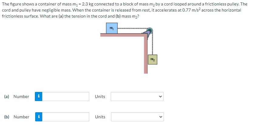 The figure shows a container of mass m = 2.3 kg connected to a block of mass m2 by a cord looped around a frictionless pulley. The
cord and pulley have negligible mass. When the container is released from rest, it accelerates at 0.77 m/s2 across the horizontal
frictionless surface. What are (a) the tension in the cord and (b) mass m2?
(a) Number
i
Units
(b) Number
Units
>
