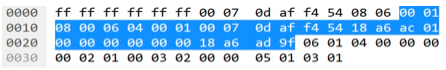 ød af f4 54 08 06 ee 01
ed af f4 54 18 аб ас ө1
ad 9f 06 01 04 00 00 00
05 01 03 01
0000
ff ff ff ff ff ff 0e 07
08 00 06 04 00 01 00 07 od
00 00 00 00 00 00 18 a6
00 02 01 00 03 02 00 00
0010
0020
0030

