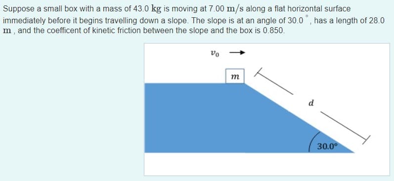 Suppose a small box with a mass of 43.0 kg is moving at 7.00 m/s along a flat horizontal surface
immediately before it begins travelling down a slope. The slope is at an angle of 30.0°, has a length of 28.0
m, and the coefficent of kinetic friction between the slope and the box is 0.850.
Vo
m
d
30.0°