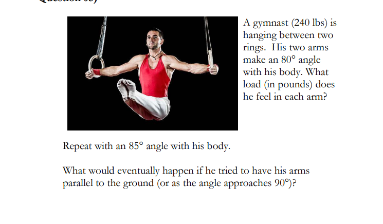 A gymnast (240 lbs) is
hanging between two
rings. His two arms
make an 80° angle
with his body. What
load (in pounds) does
he feel in each arm?
Repeat with an 85° angle with his body.
What would eventually happen if he tried to have his arms
parallel to the ground (or as the angle approaches 90°)?