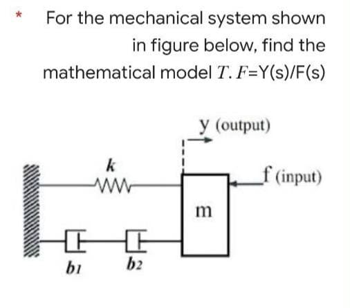 For the mechanical system shown
in figure below, find the
mathematical model T. F=Y(s)/F(s)
y (output)
k
f (input)
m
bi
b2
