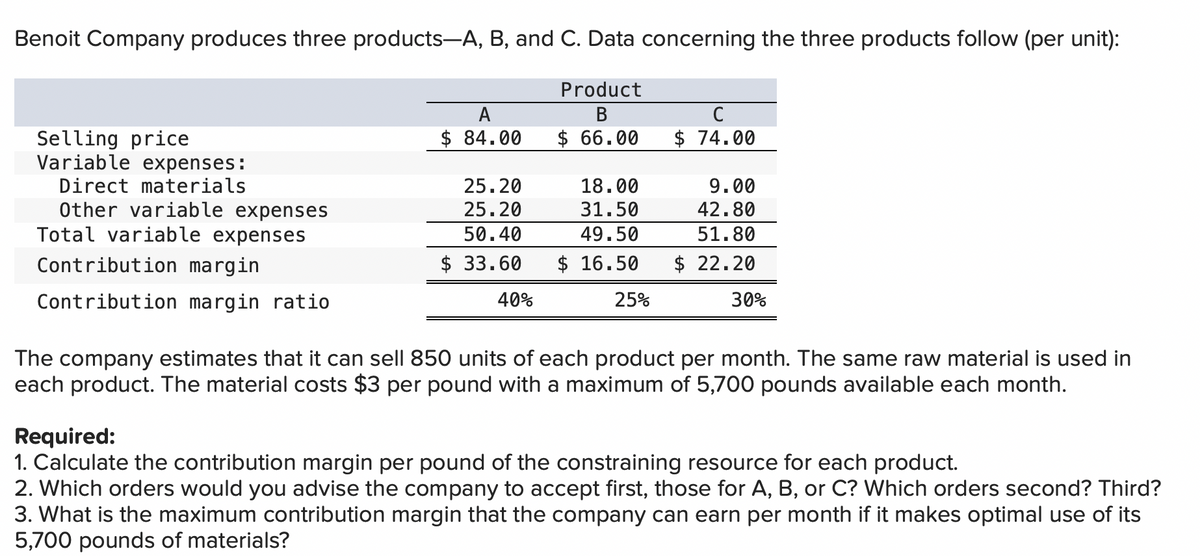 Benoit Company produces three products-A, B, and C. Data concerning the three products follow (per unit):
Product
A
В
C
$ 84.00
$ 66.00
$ 74.00
Selling price
Variable expenses:
Direct materials
Other variable expenses
Total variable expenses
25.20
25.20
18.00
9.00
31.50
42.80
50.40
49.50
51.80
Contribution margin
$33.60
$ 16.50
$ 22.20
Contribution margin ratio
40%
25%
30%
The company estimates that it can sell 850 units of each product per month. The same raw material is used in
each product. The material costs $3 per pound with a maximum of 5,700 pounds available each month.
Required:
1. Calculate the contribution margin per pound of the constraining resource for each product.
2. Which orders would you advise the company to accept first, those for A, B, or C? Which orders second? Third?
3. What is the maximum contribution margin that the company can earn per month if it makes optimal use of its
5,700 pounds of materials?
