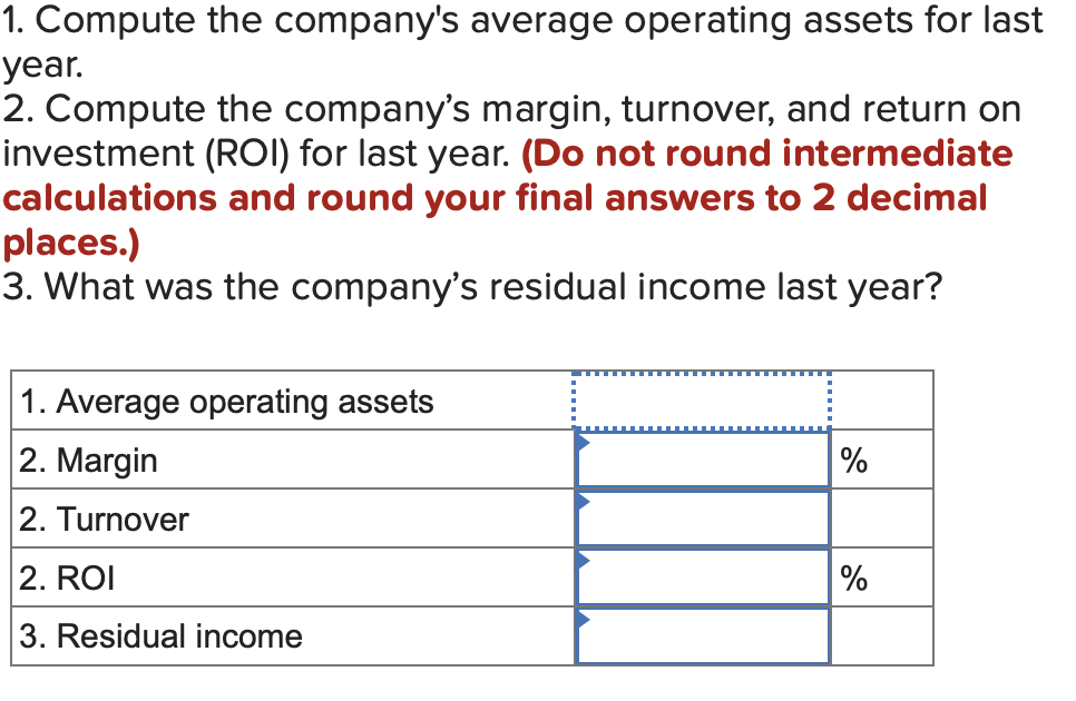 1. Compute the company's average operating assets for last
year.
2. Compute the company's margin, turnover, and return on
investment (ROI) for last year. (Do not round intermediate
calculations and round your final answers to 2 decimal
places.)
3. What was the company's residual income last year?
1. Average operating assets
2. Margin
2. Turnover
2. ROI
3. Residual income
