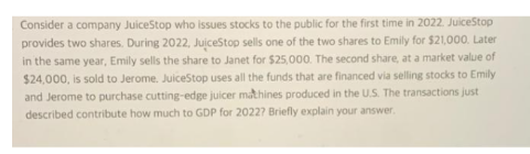 Consider a company JuiceStop who issues stocks to the public for the first time in 2022. JuiceStop
provides two shares. During 2022, JuiceStop sells one of the two shares to Emily for $21,000. Later
in the same year, Emily sells the share to Janet for $25,000. The second share, at a market value of
$24,000, is sold to Jerome. JuiceStop uses all the funds that are financed via selling stocks to Emily
and Jerome to purchase cutting-edge juicer mathines produced in the U.S. The transactions just
described contribute how much to GDP for 2022? Briefly explain your answer.
