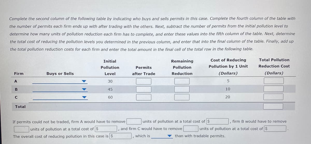 Complete the second column of the following table by indicating who buys and sells permits in this case. Complete the fourth column of the table with
the number of permits each firm ends up with after trading with the others. Next, subtract the number of permits from the initial pollution level to
determine how many units of pollution reduction each firm has to complete, and enter these values into the fifth column of the table. Next, determine
the total cost of reducing the pollution levels you determined in the previous column, and enter that into the final column of the table. Finally, add up
the total pollution reduction costs for each firm and enter the total amount in the final cell of the total row in the following table.
Firm
A
B
C
Total
Buys or Sells
Initial
Pollution
Level
30
45
60
If permits could not be traded, firm A would have to remove
units of pollution at a total cost of $
The overall cost of reducing pollution in this case is $
"
Permits
after Trade
Remaining
Pollution
Reduction
Cost of Reducing
Pollution by 1 Unit
(Dollars)
5
and firm C would have to remove
, which is
units of pollution at a total cost of $
10
20
firm B would have to remove
units of pollution at a total cost of $
than with tradable permits.
Total Pollution
Reduction Cost
(Dollars)
I