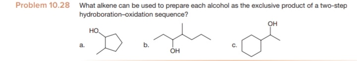 Problem 10.28 What alkene can be used to prepare each alcohol as the exclusive product of a two-step
hydroboration-oxidation sequence?
он
HO,
a.
b.
OH
