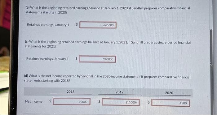 (b) What is the beginning retained earnings balance at January 1, 2020, if Sandhill prepares comparative financial
statements starting in 2020?
Retained earnings, January 1 $
(c) What is the beginning retained earnings balance at January 1, 2021, if Sandhill prepares single-period financial
statements for 2021?
Retained earnings, January 1 $
Net Income
645600
(d) What is the net income reported by Sandhill in the 2020 income statement if it prepares comparative financial
statements starting with 2018?
2018
10000
940000
2019
(11000)
2020
4500