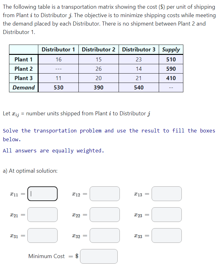 The following table is a transportation matrix showing the cost ($) per unit of shipping
from Plant i to Distributor j. The objective is to minimize shipping costs while meeting
the demand placed by each Distributor. There is no shipment between Plant 2 and
Distributor 1.
Plant 1
Plant 2
Plant 3
Demand
=
x11 I
Distributor 1 Distributor 2 Distributor 3 Supply
16
23
510
14
590
21
410
540
x21
---
a) At optimal solution:
11
530
Let j = number units shipped from Plant i to Distributor j
Solve the transportation problem and use the result to fill the boxes
below.
All answers are equally weighted.
x31 =
||
000
x12 =
X22
=
Minimum Cost $
=
X32 =
15
26
20
390
€13
X23
x 33
=
=
--
=
000