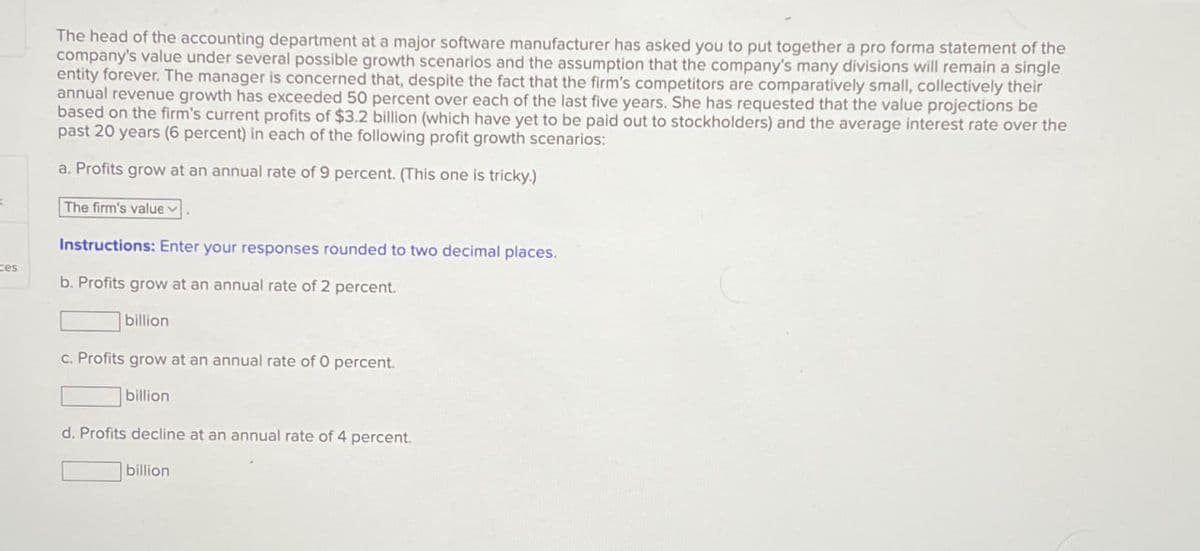 ces
The head of the accounting department at a major software manufacturer has asked you to put together a pro forma statement of the
company's value under several possible growth scenarios and the assumption that the company's many divisions will remain a single
entity forever. The manager is concerned that, despite the fact that the firm's competitors are comparatively small, collectively their
annual revenue growth has exceeded 50 percent over each of the last five years. She has requested that the value projections be
based on the firm's current profits of $3.2 billion (which have yet to be paid out to stockholders) and the average interest rate over the
past 20 years (6 percent) in each of the following profit growth scenarios:
a. Profits grow at an annual rate of 9 percent. (This one is tricky.)
The firm's value v
Instructions: Enter your responses rounded to two decimal places.
b. Profits grow at an annual rate of 2 percent.
billion
c. Profits grow at an annual rate of 0 percent.
billion
d. Profits decline at an annual rate of 4 percent.
billion